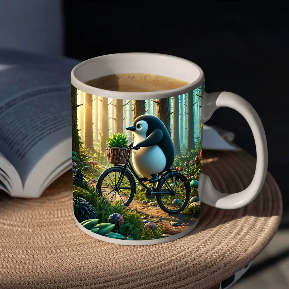 Cartoon Penguin Riding Bicycle In Forest – Mugs