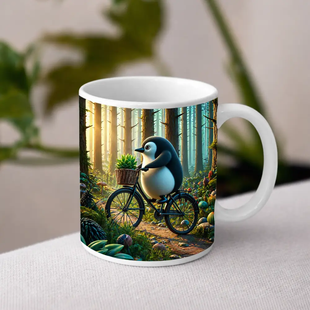Cartoon Penguin Riding Bicycle In Forest – Mugs