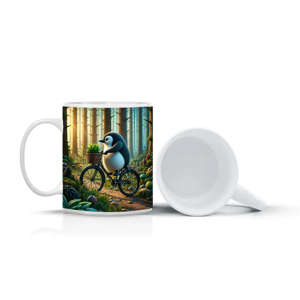 Cartoon Penguin Riding Bicycle In Forest – Mugs