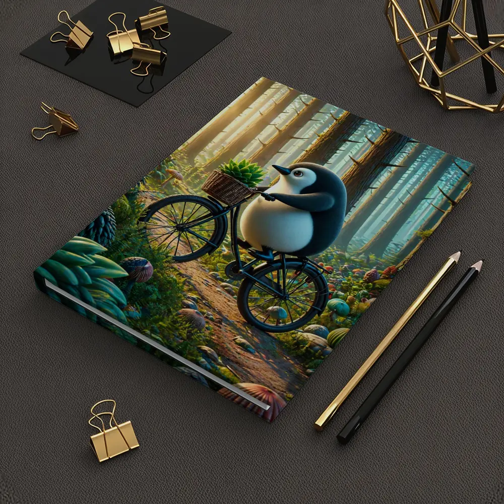 Cartoon Penguin Riding Bicycle In Forest – Notebooks