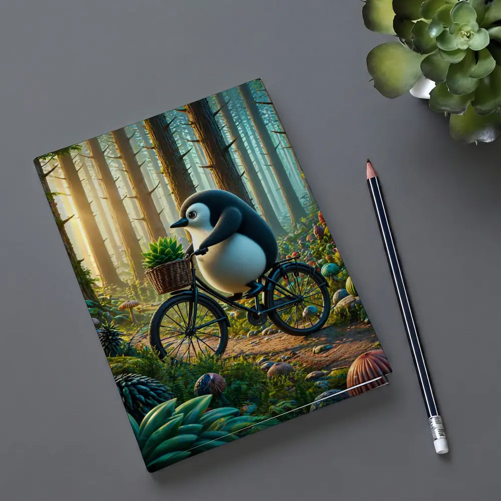 Cartoon Penguin Riding Bicycle In Forest – Notebooks