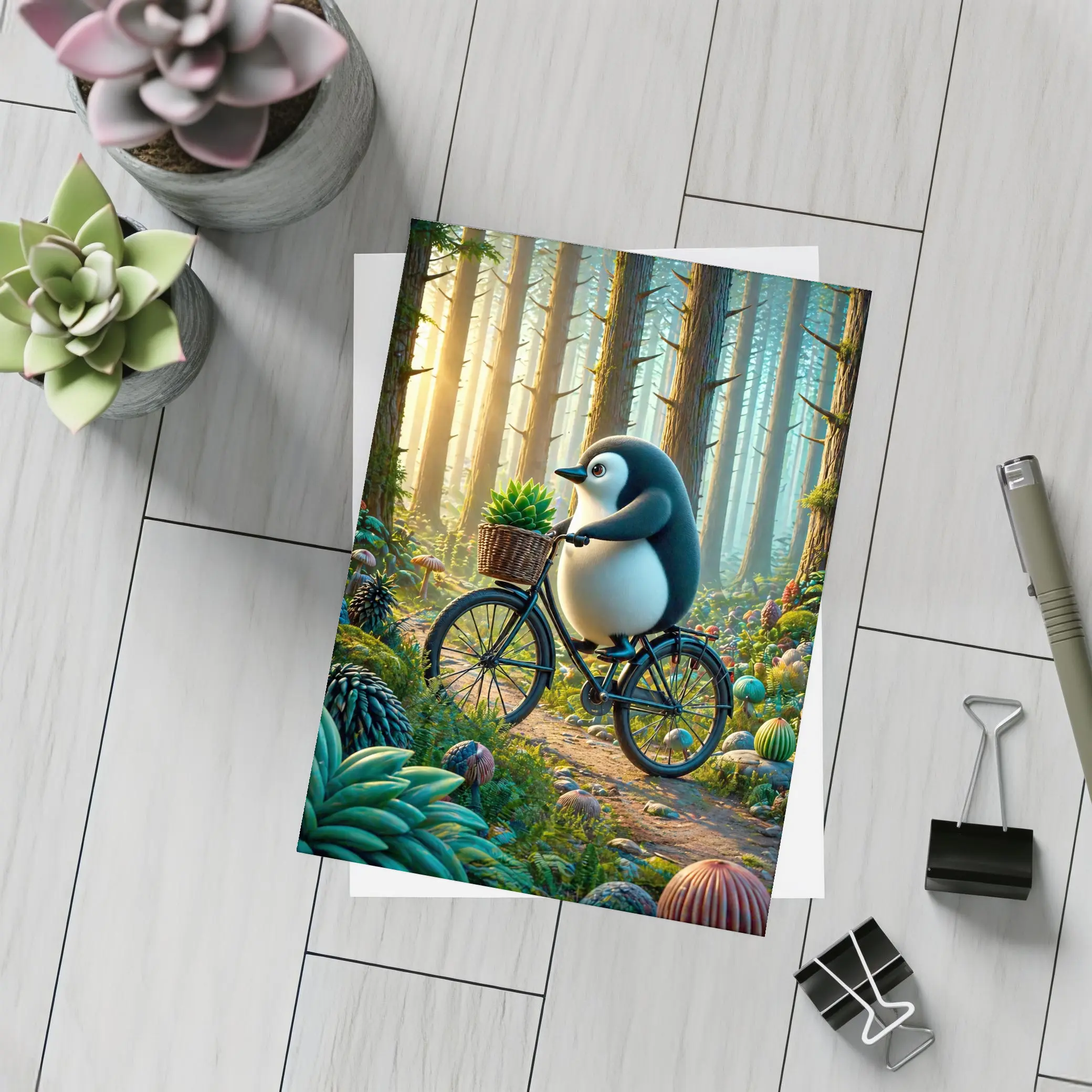 Cartoon Penguin Riding Bicycle In Forest – Postcards
