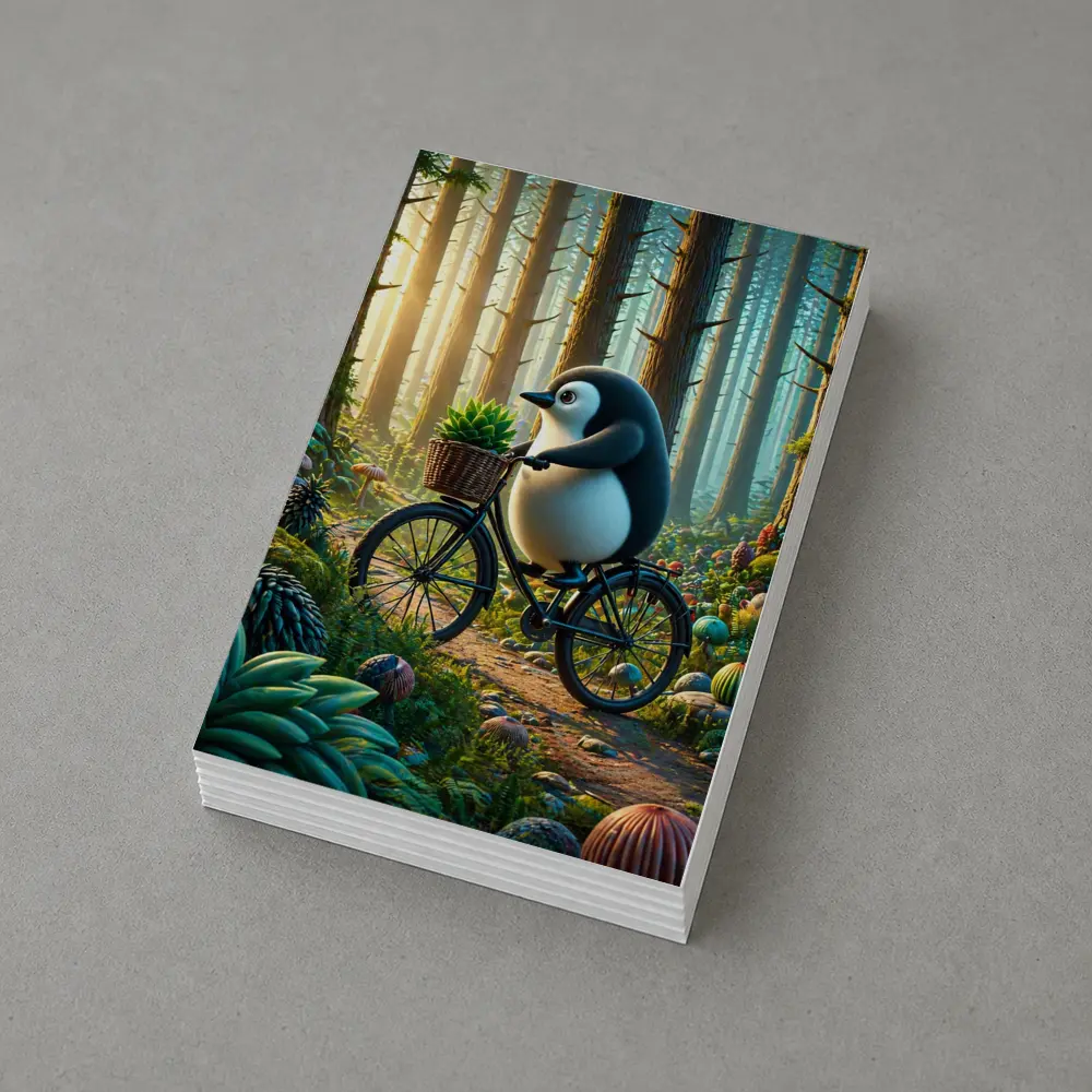 Cartoon Penguin Riding Bicycle In Forest – Postcards