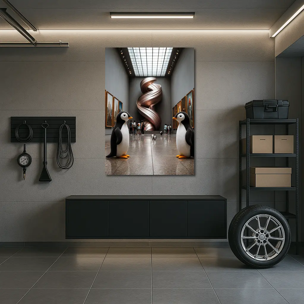 Penguins Standing Inside Contemporary Art Museum – Wall Art
