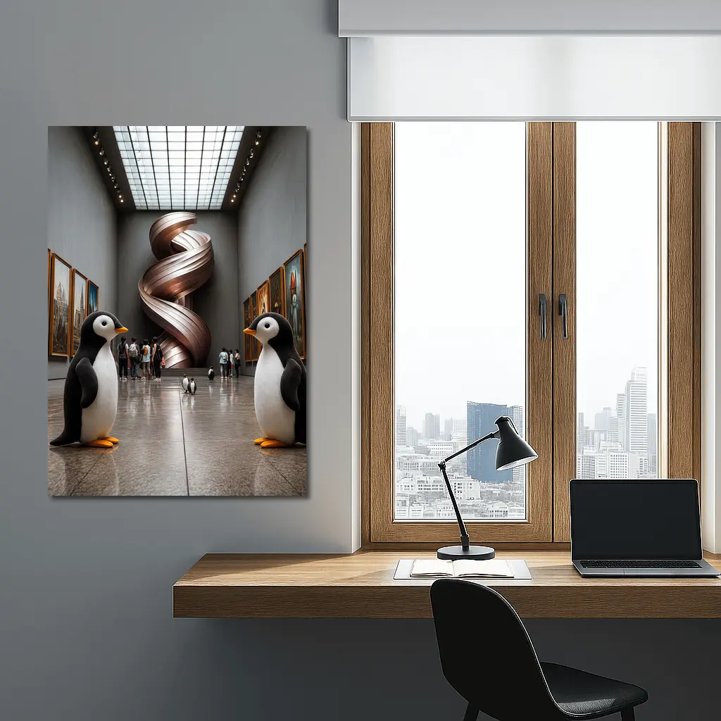 Penguins Standing Inside Contemporary Art Museum – Wall Art