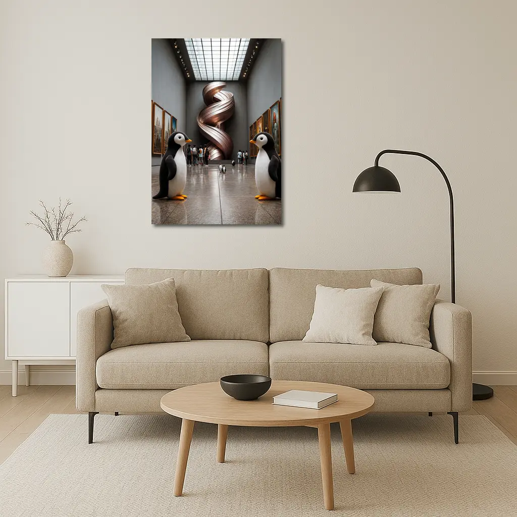 Penguins Standing Inside Contemporary Art Museum – Wall Art