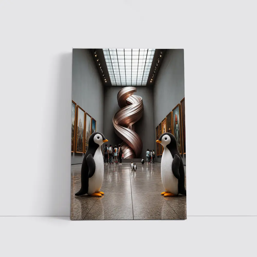 Penguins Standing Inside Contemporary Art Museum – Wall Art