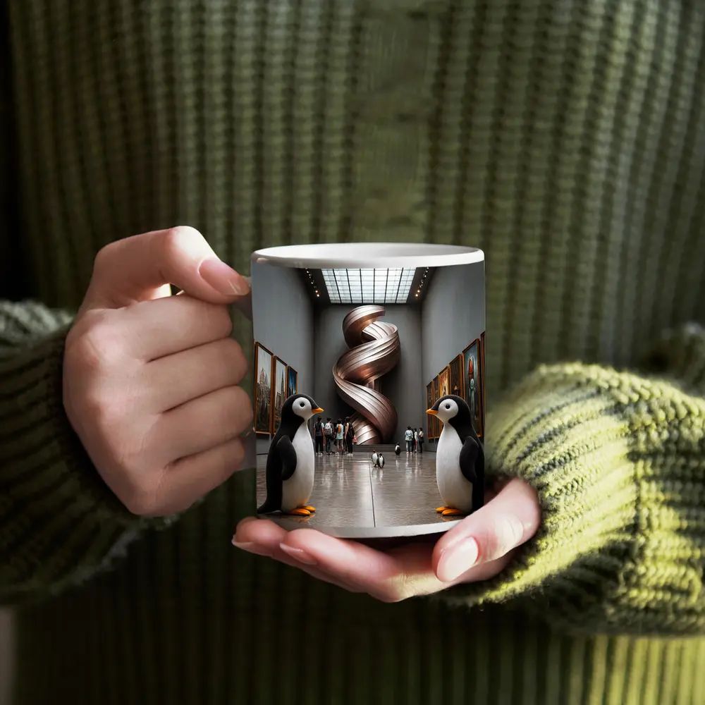 Penguins Standing Inside Contemporary Art Museum – Mugs