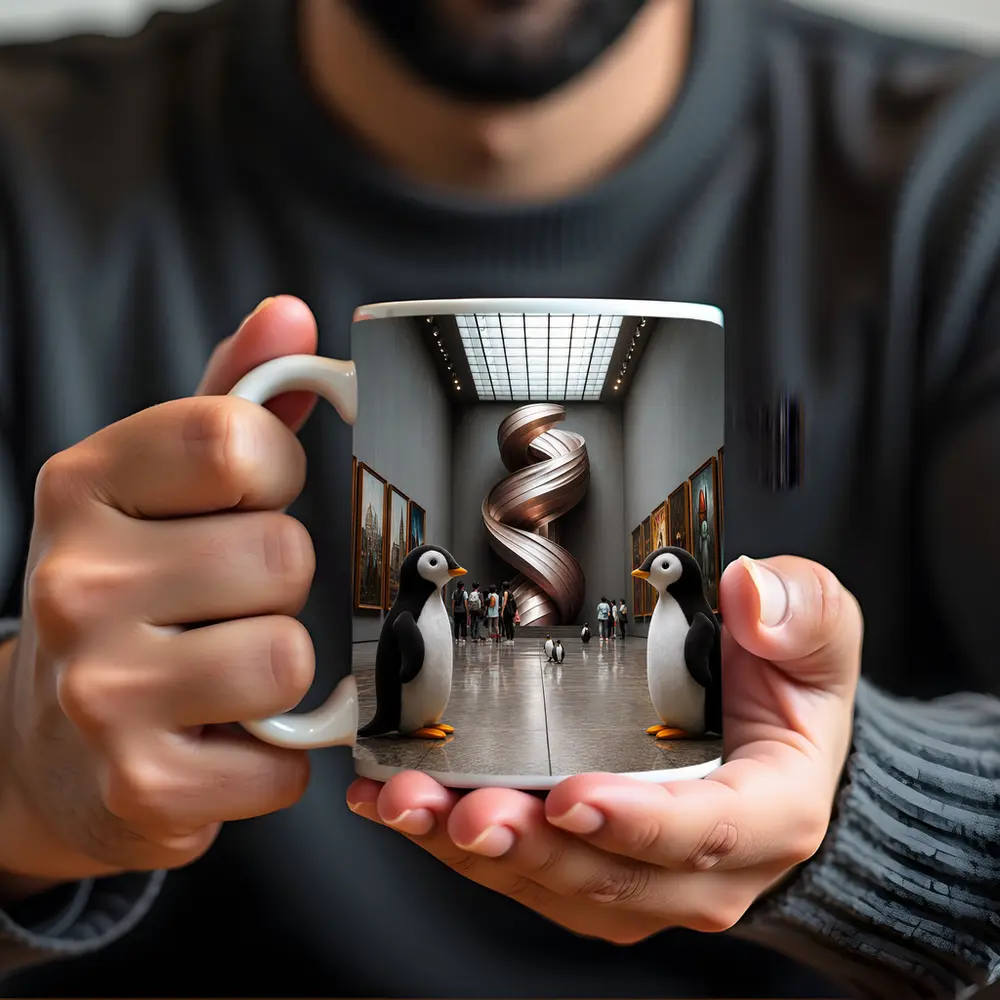Penguins Standing Inside Contemporary Art Museum – Mugs