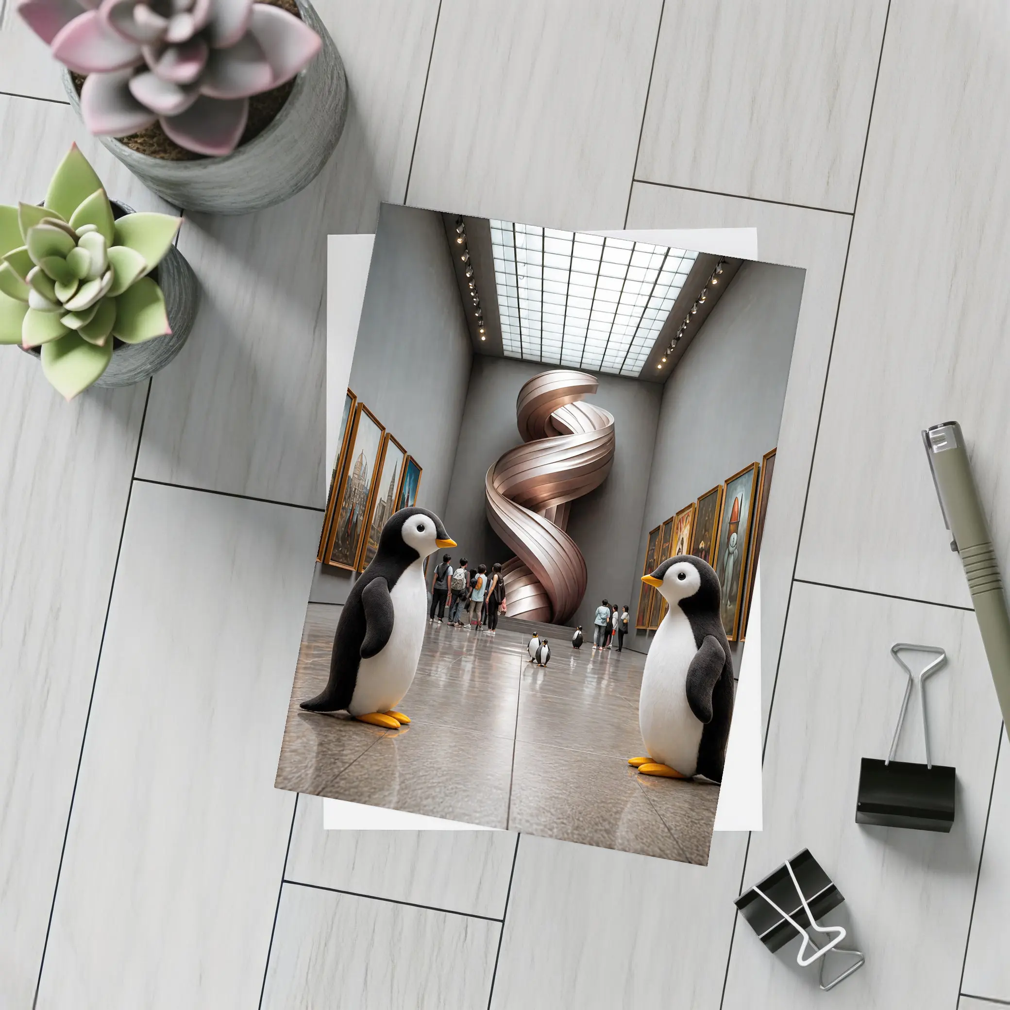 Penguins Standing Inside Contemporary Art Museum – Postcards