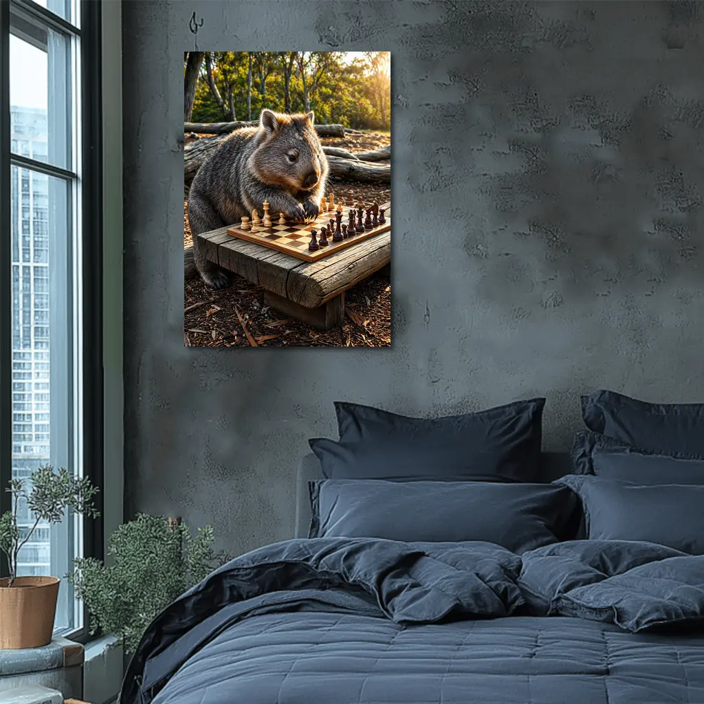 Wombat Playing Chess in Australian Bush – Wall Art