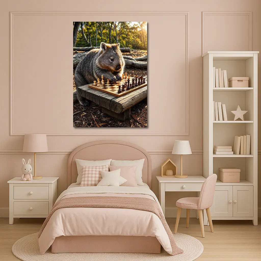 Wombat Playing Chess in Australian Bush – Wall Art