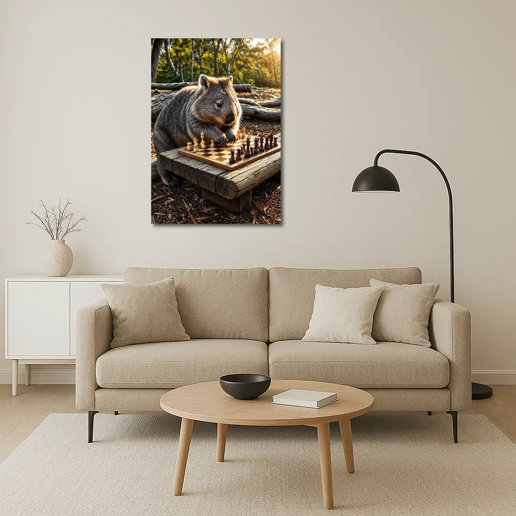 Wombat Playing Chess in Australian Bush – Wall Art
