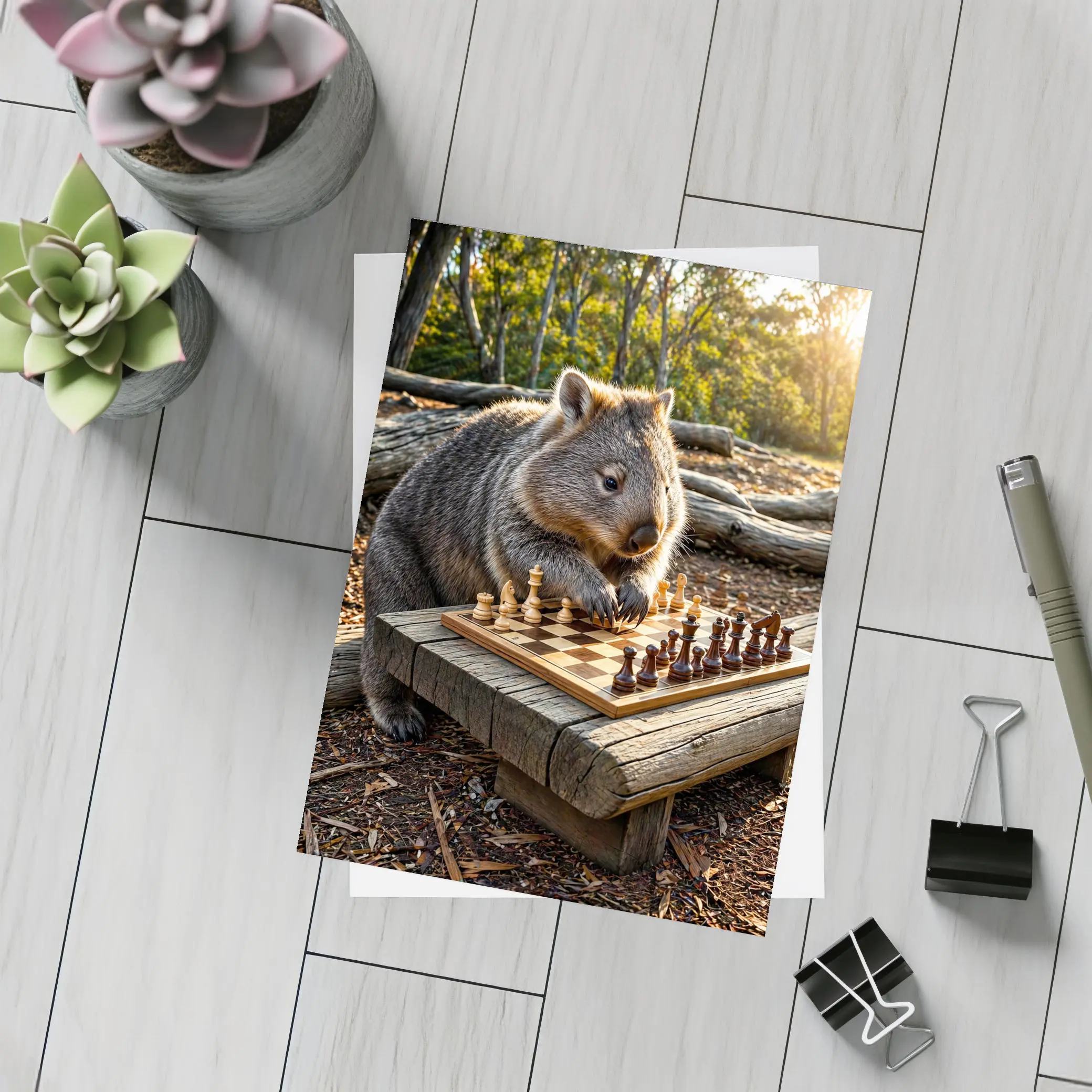 Wombat Playing Chess in Australian Bush – Postcards