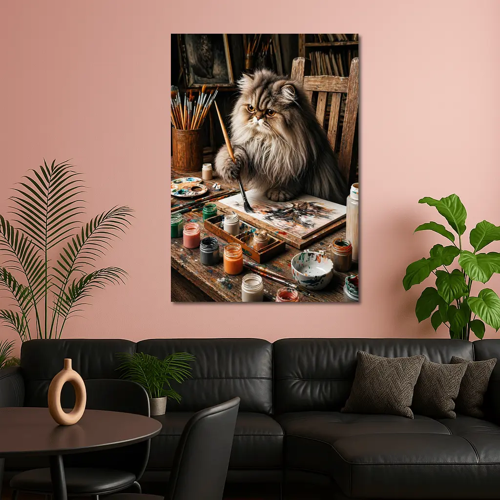 Persian Cat Artist Painting in Rustic Studio – Wall Art