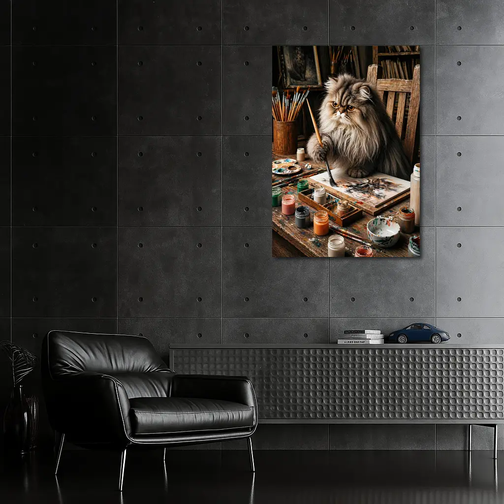 Persian Cat Artist Painting in Rustic Studio – Wall Art
