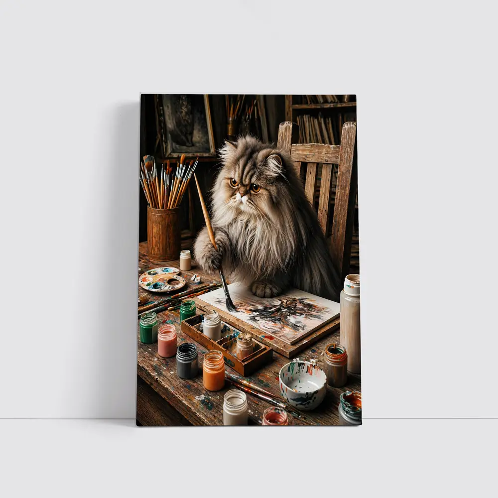 Persian Cat Artist Painting in Rustic Studio – Wall Art