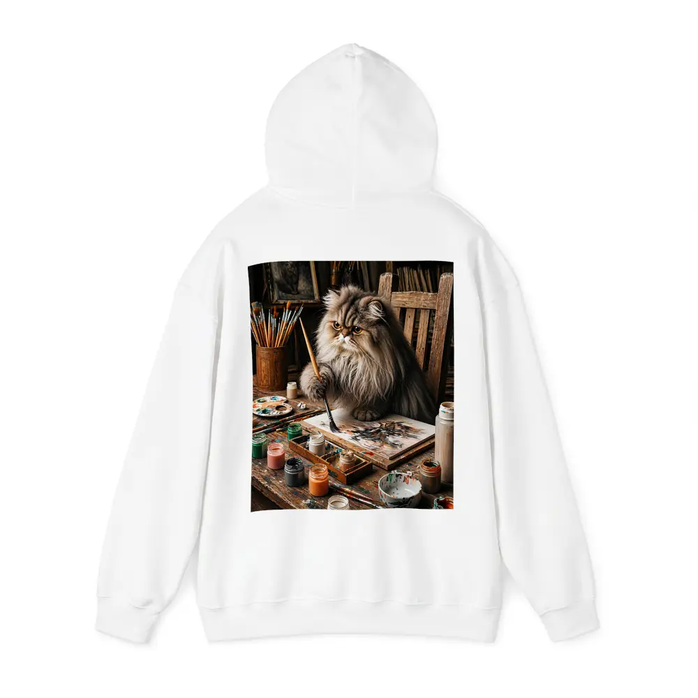 Persian Cat Artist Painting in Rustic Studio – Hoodies