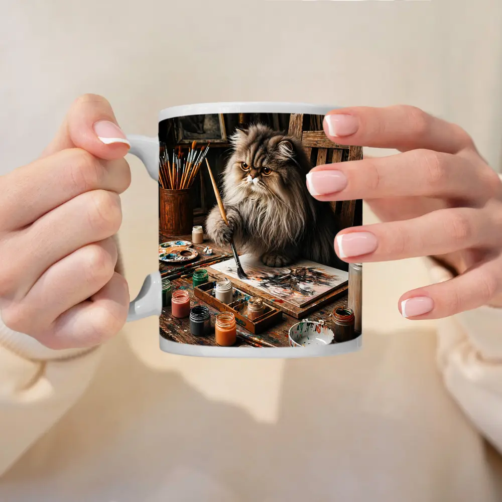 Persian Cat Artist Painting in Rustic Studio – Mugs