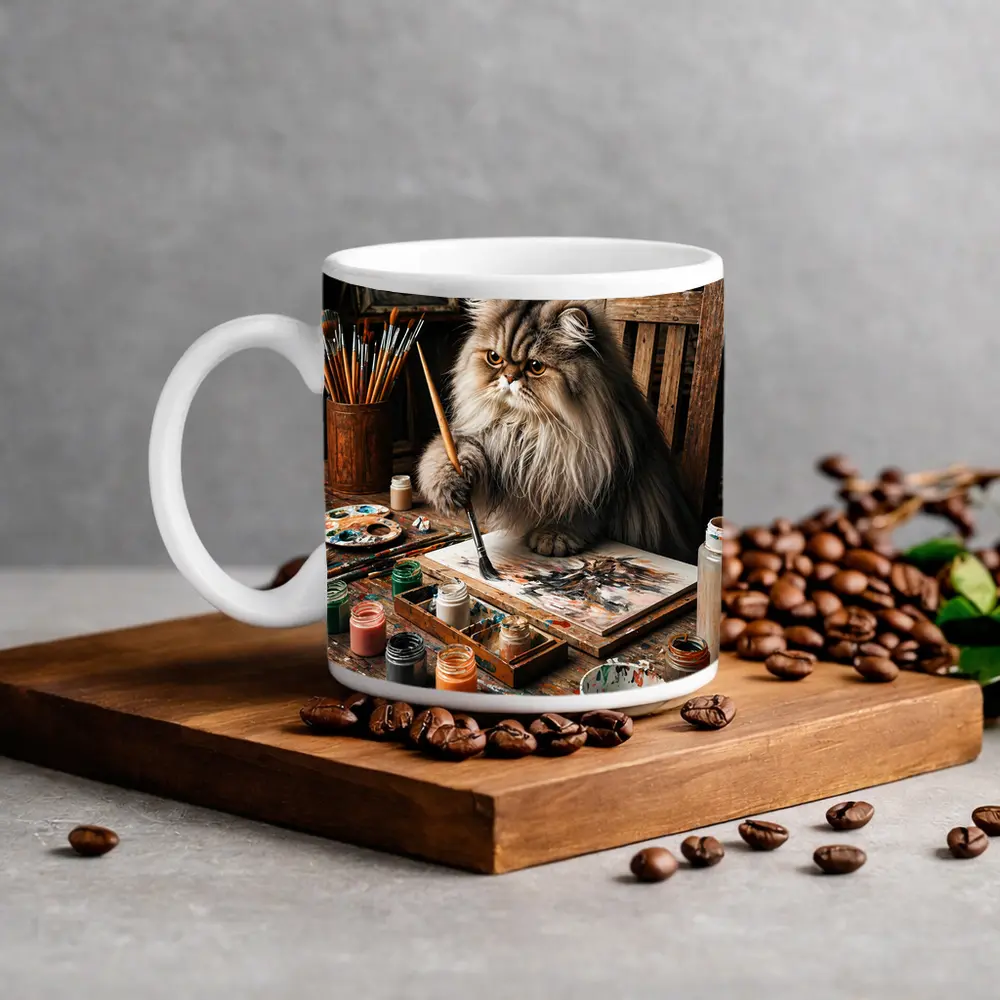 Persian Cat Artist Painting in Rustic Studio – Mugs