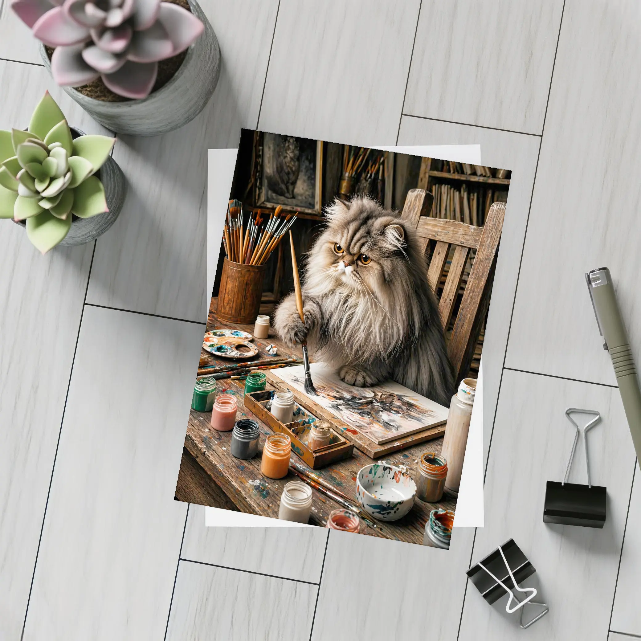 Persian Cat Artist Painting in Rustic Studio – Postcards