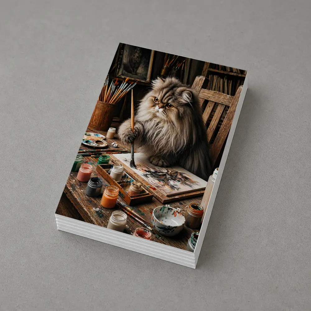 Persian Cat Artist Painting in Rustic Studio – Postcards