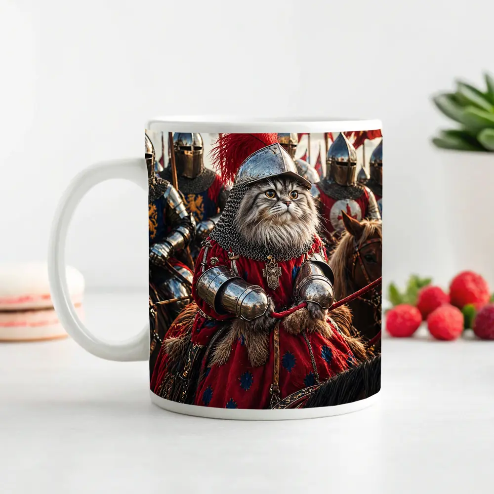 Persian Cat Knight Leading Medieval Army – Mugs