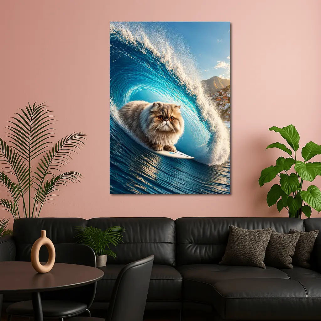 Persian Cat Surfing Giant Blue Ocean Wave – Wall Art