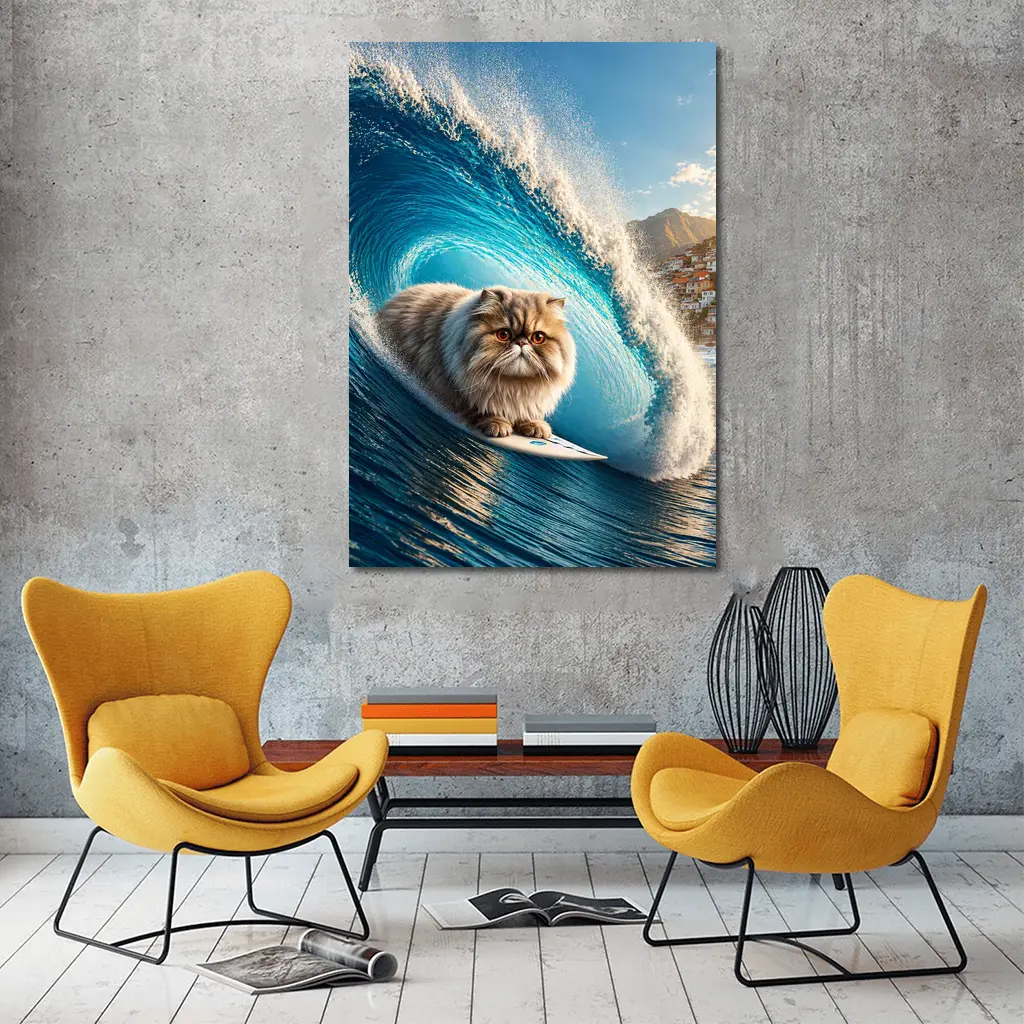 Persian Cat Surfing Giant Blue Ocean Wave – Wall Art
