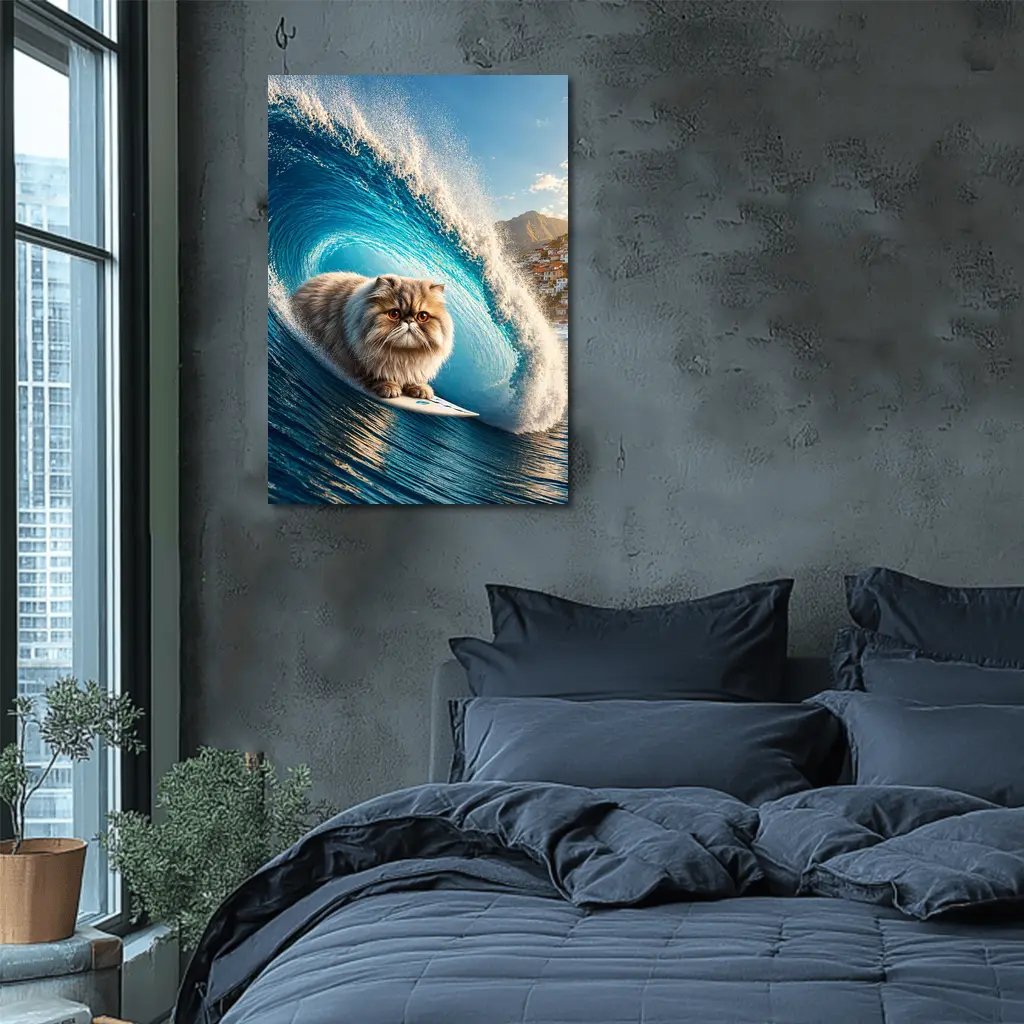 Persian Cat Surfing Giant Blue Ocean Wave – Wall Art