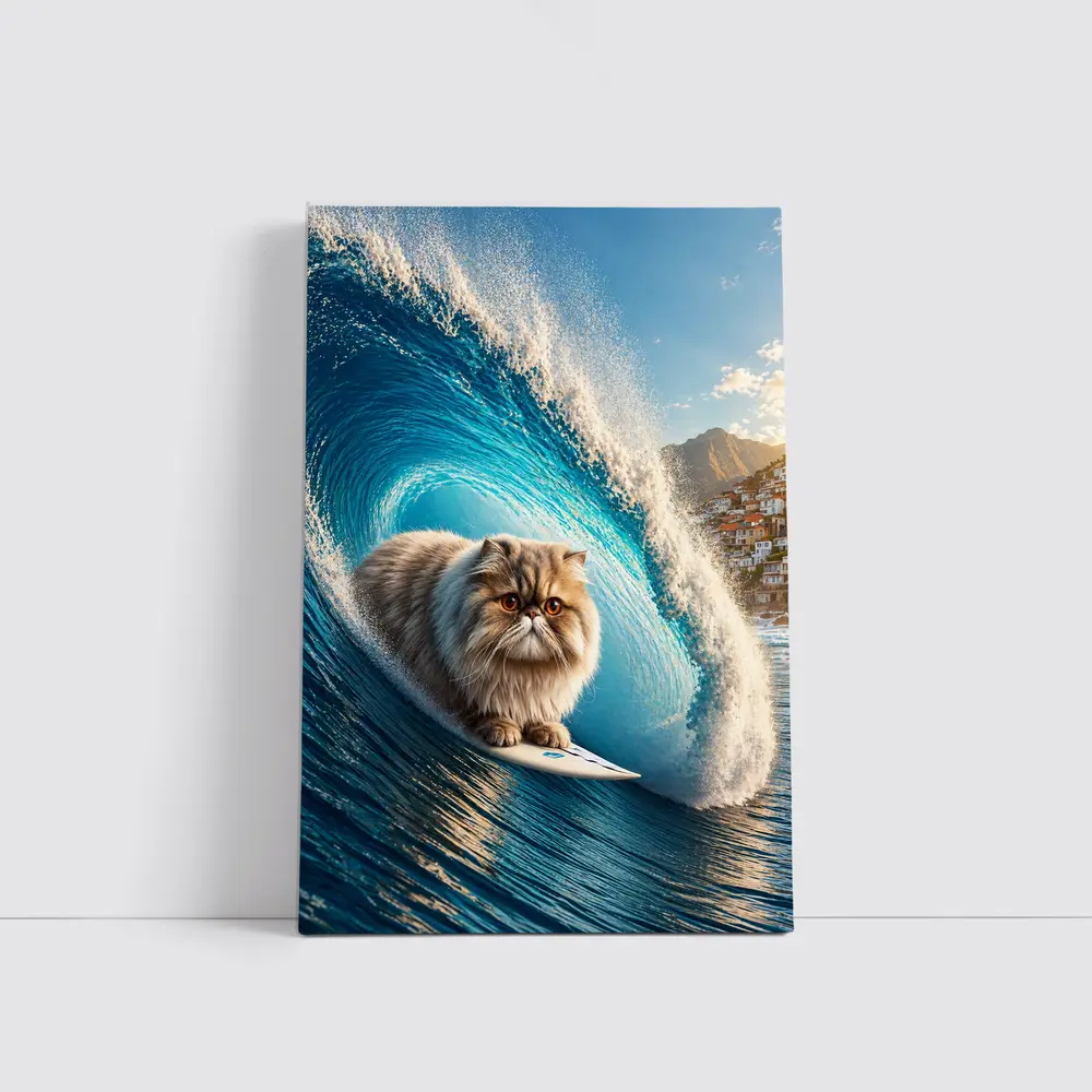Persian Cat Surfing Giant Blue Ocean Wave – Wall Art