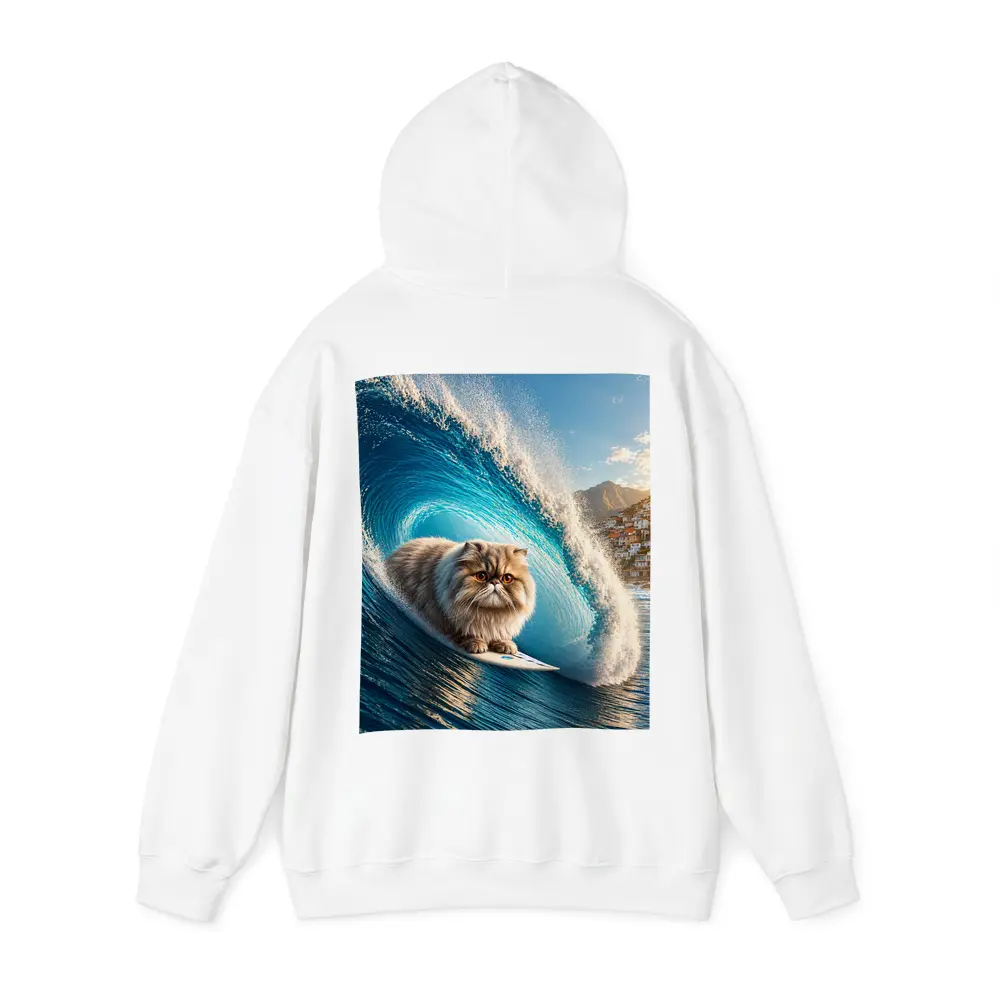 Persian Cat Surfing Giant Blue Ocean Wave – Hoodies