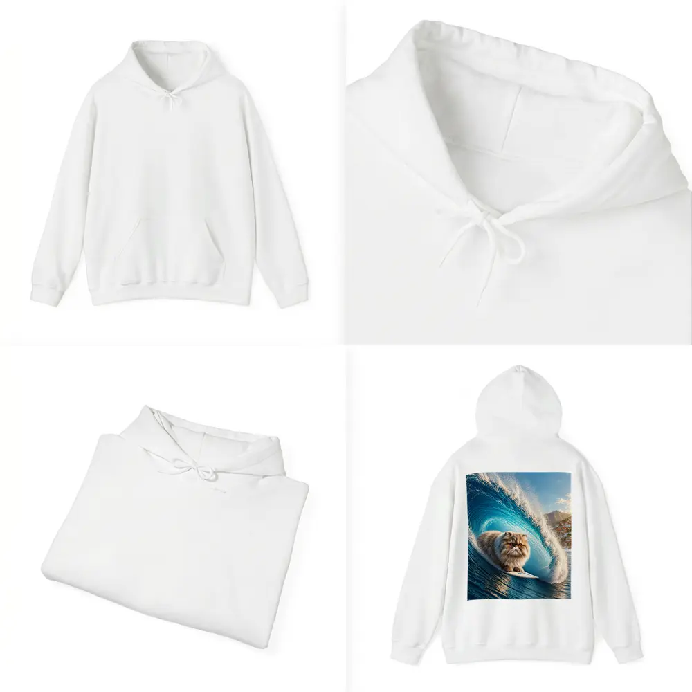 Persian Cat Surfing Giant Blue Ocean Wave – Hoodies