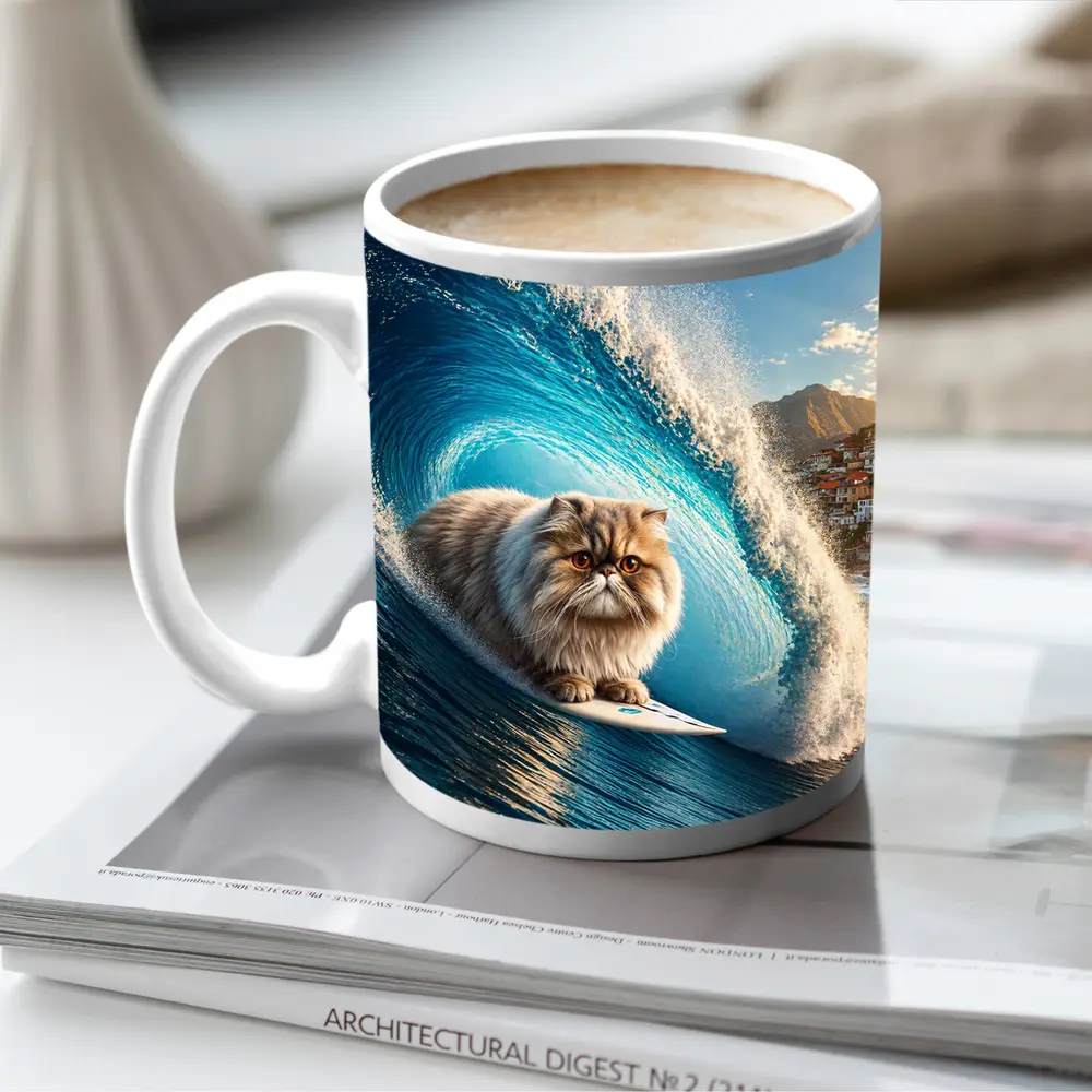 Persian Cat Surfing Giant Blue Ocean Wave – Mugs