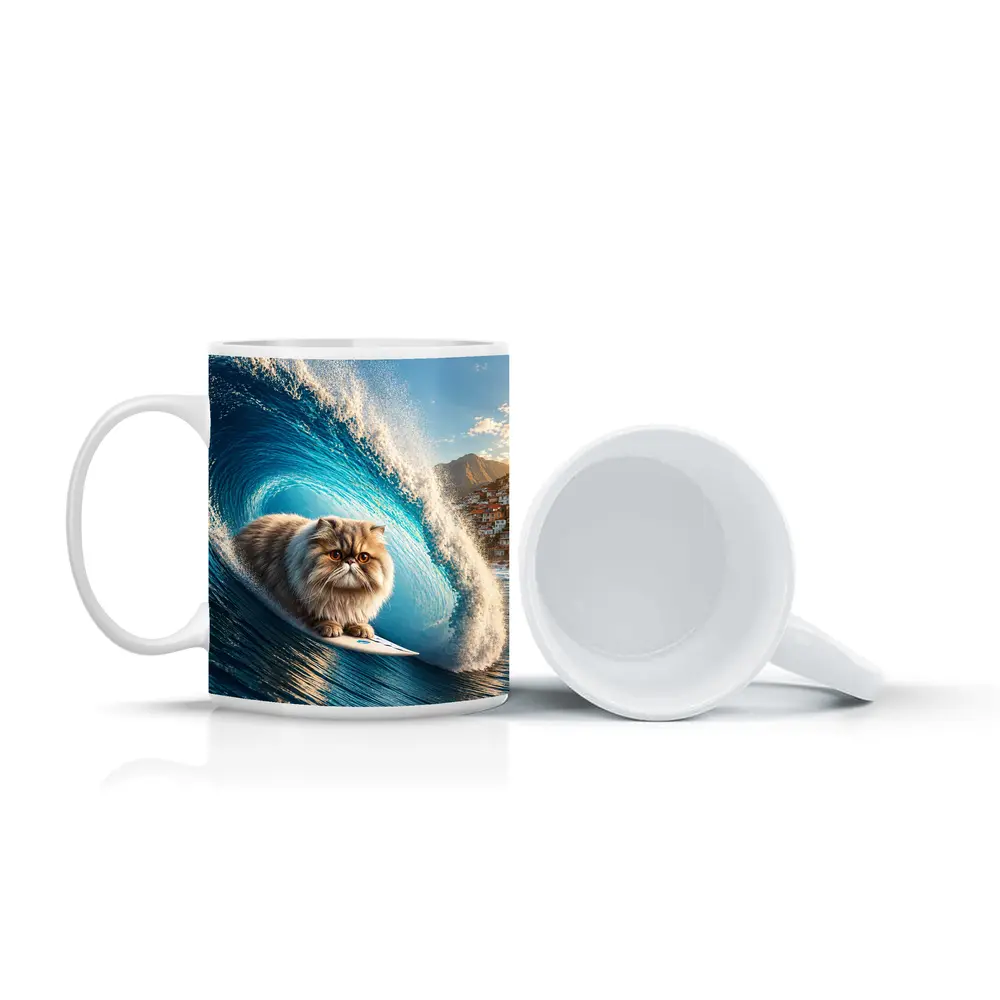 Persian Cat Surfing Giant Blue Ocean Wave – Mugs