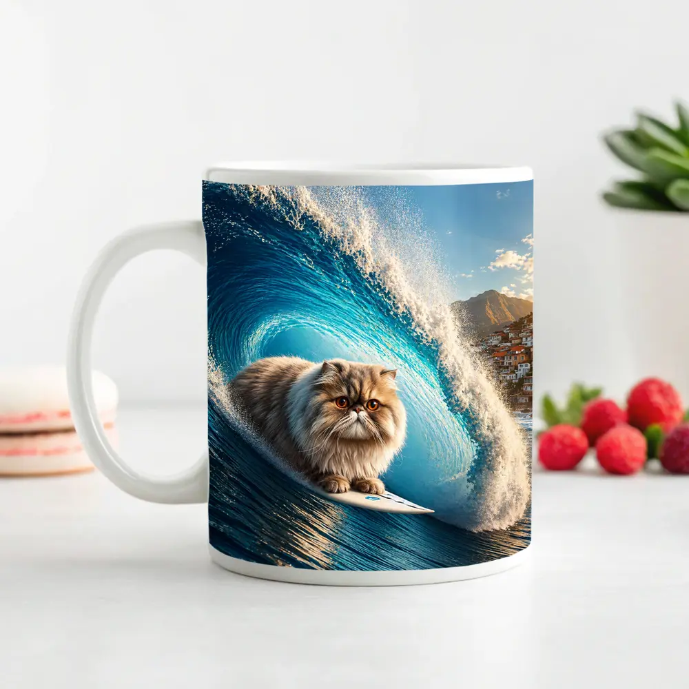 Persian Cat Surfing Giant Blue Ocean Wave – Mugs