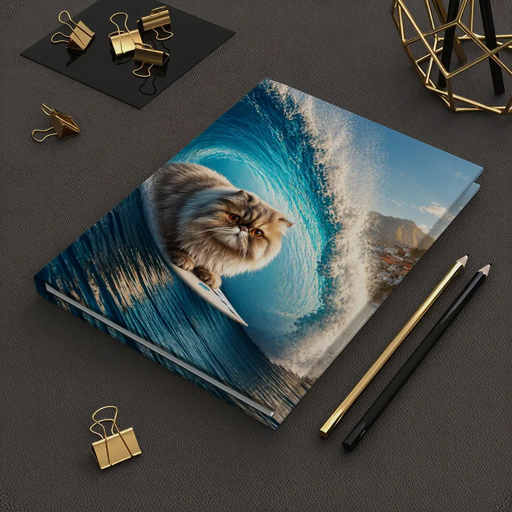Persian Cat Surfing Giant Blue Ocean Wave – Notebooks