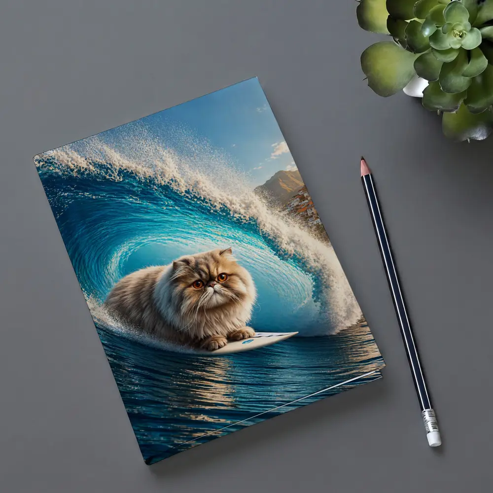 Persian Cat Surfing Giant Blue Ocean Wave – Notebooks