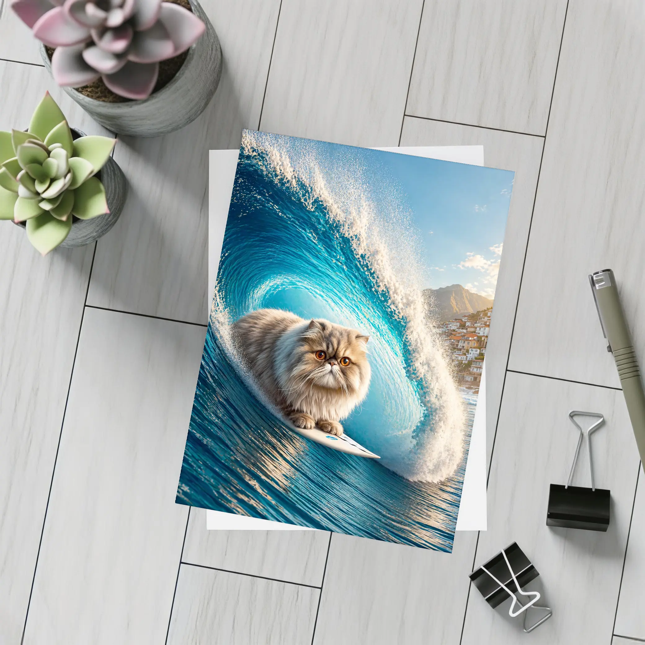Persian Cat Surfing Giant Blue Ocean Wave – Postcards