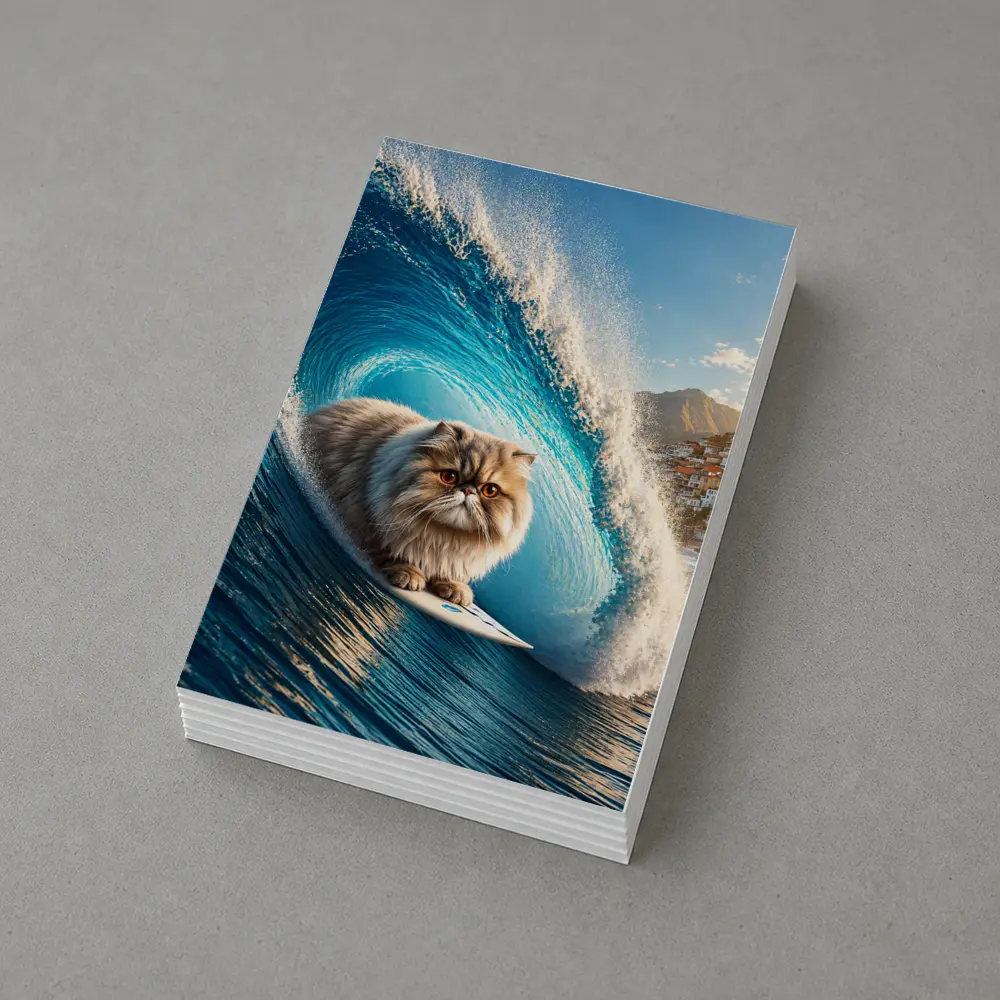 Persian Cat Surfing Giant Blue Ocean Wave – Postcards