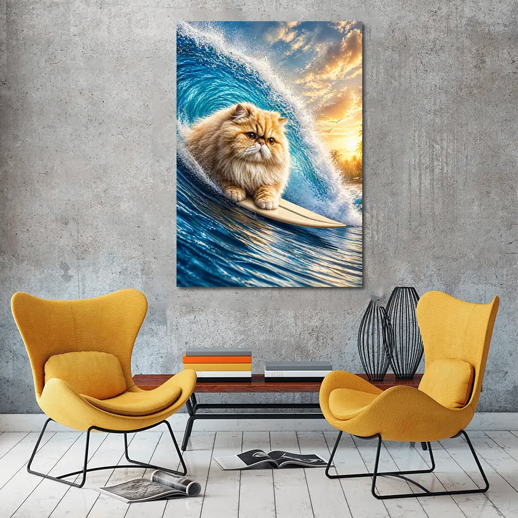 Persian Cat Surfing Giant Ocean Wave – Wall Art
