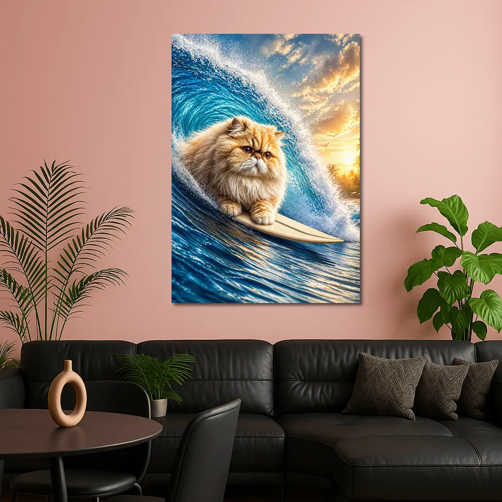 Persian Cat Surfing Giant Ocean Wave – Wall Art