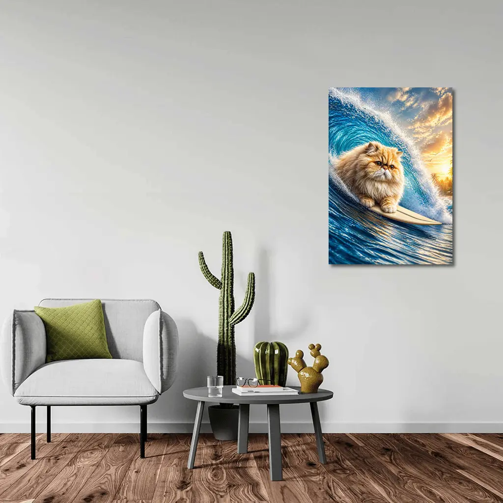 Persian Cat Surfing Giant Ocean Wave – Wall Art