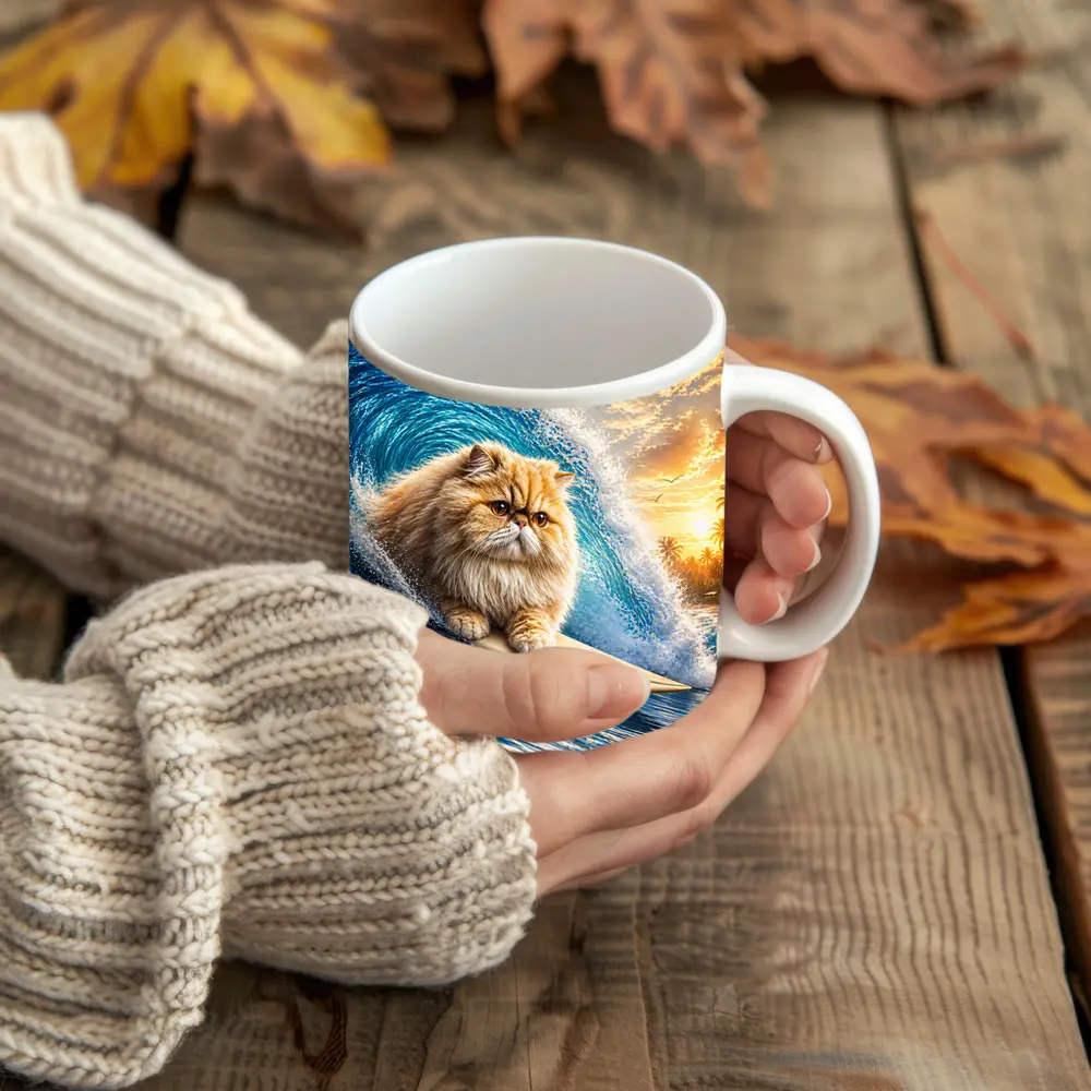 Persian Cat Surfing Giant Ocean Wave – Mugs