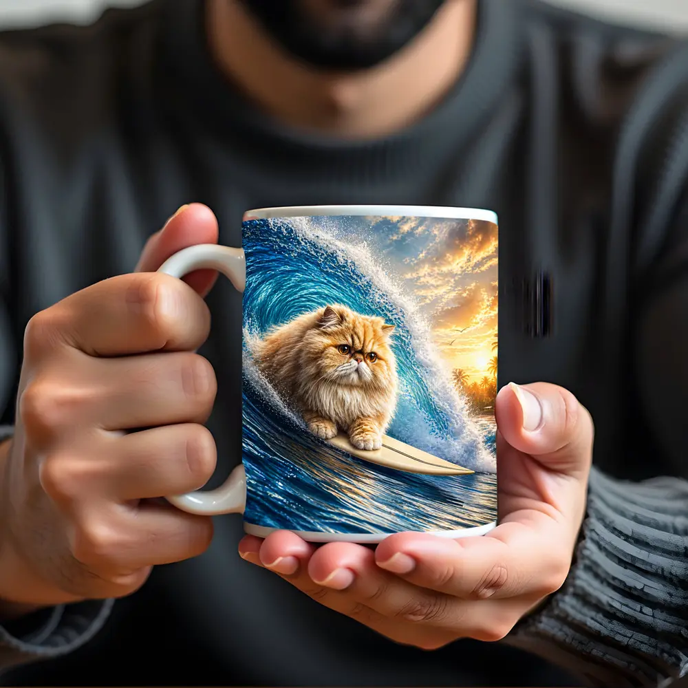 Persian Cat Surfing Giant Ocean Wave – Mugs