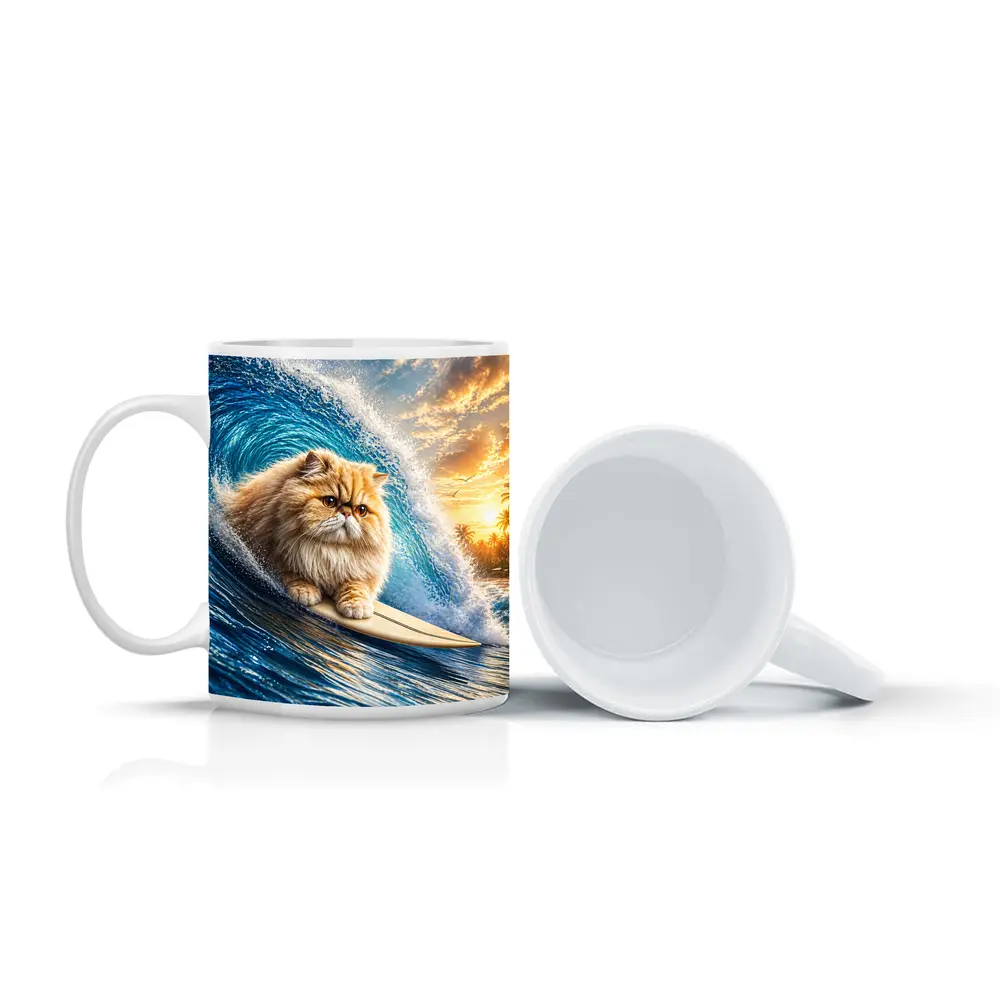 Persian Cat Surfing Giant Ocean Wave – Mugs
