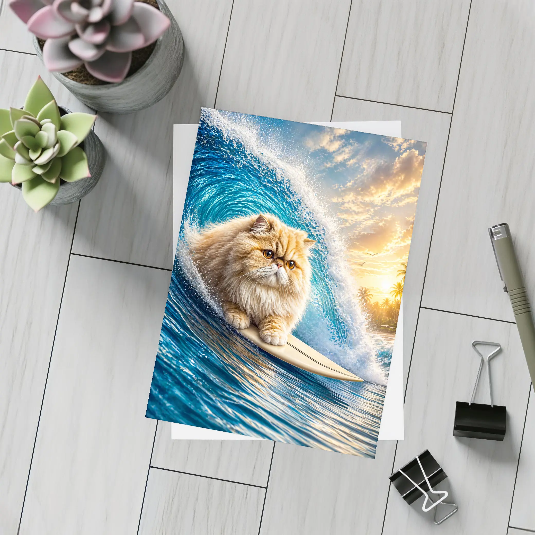 Persian Cat Surfing Giant Ocean Wave – Postcards