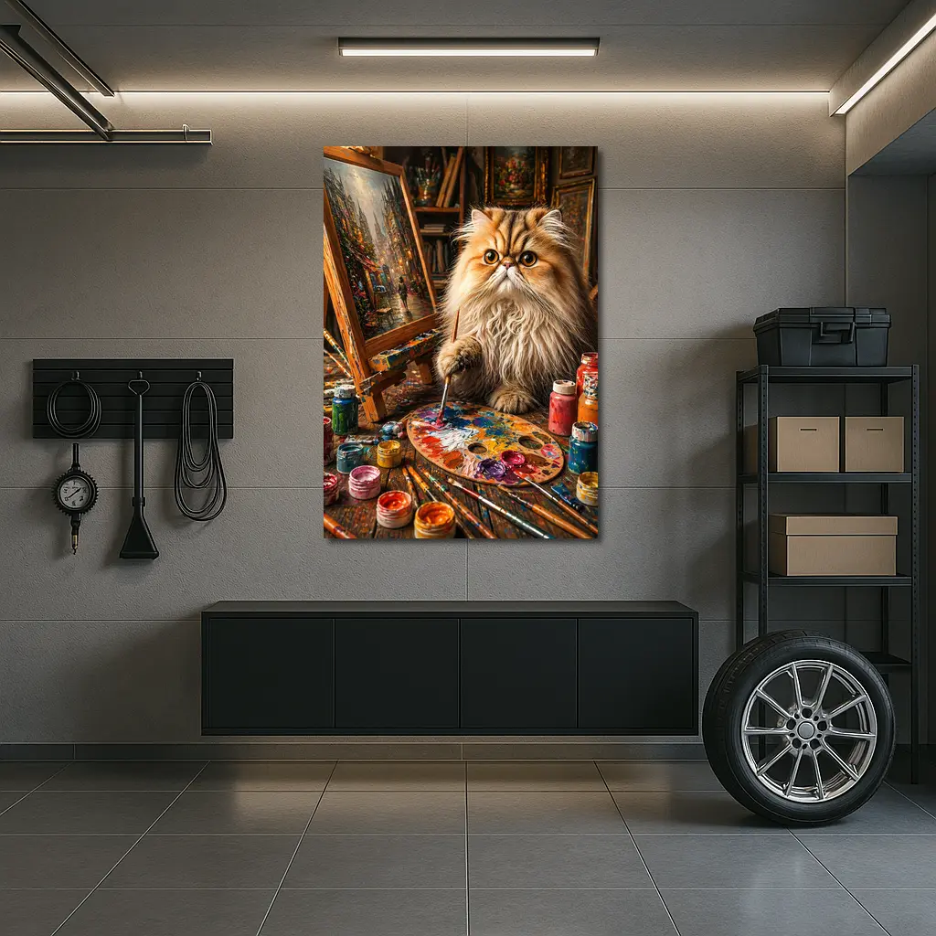 Persian Cat Artist Painting in Cozy Studio – Wall Art