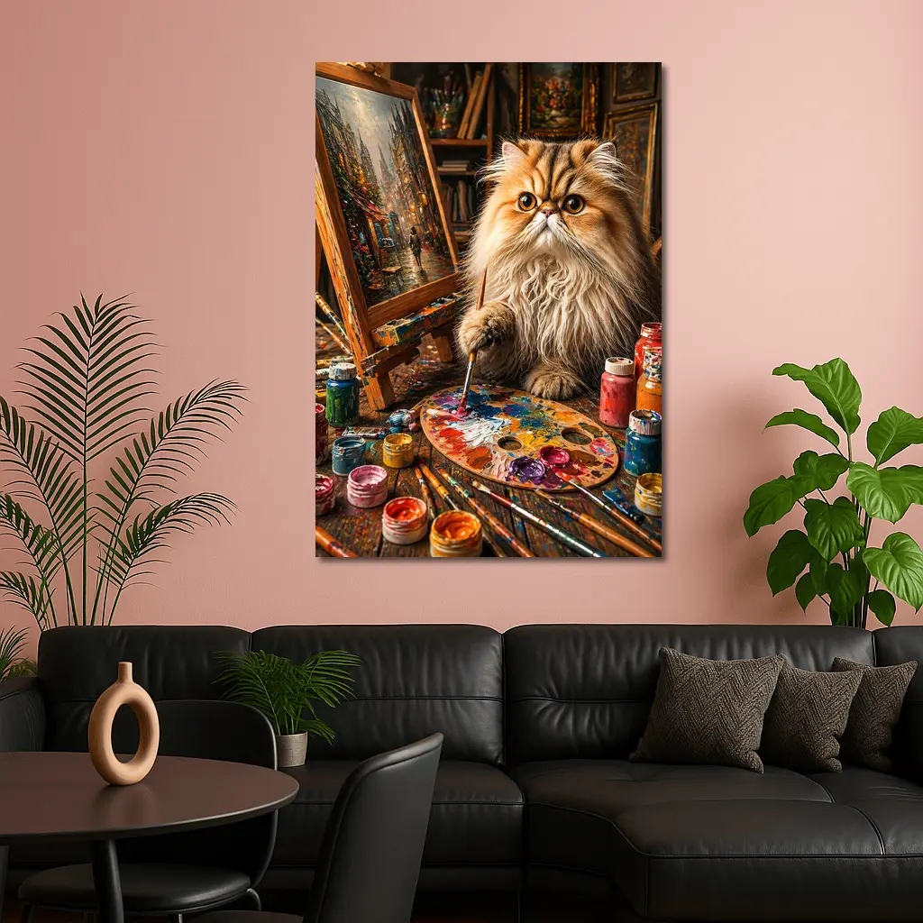 Persian Cat Artist Painting in Cozy Studio – Wall Art