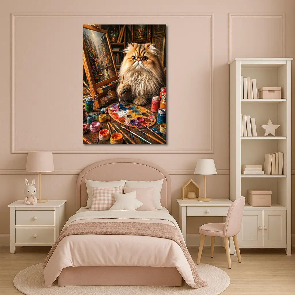 Persian Cat Artist Painting in Cozy Studio – Wall Art